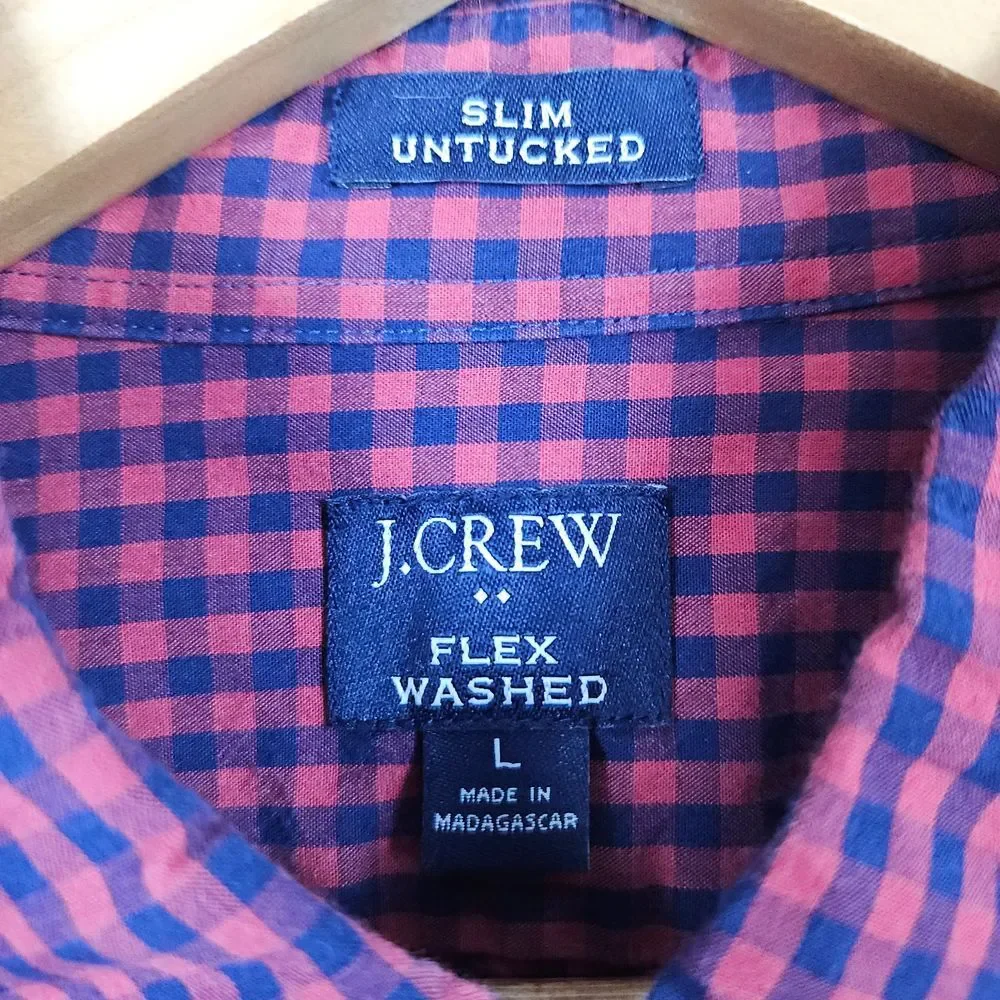 J Crew Re-Imagined Slim Untucked Flex Washed Size L Shirt Blue Red Checks Preppy